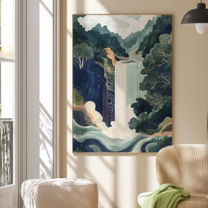 Hokusai Ukiyo-e Japanese Waterfall Wall Art Landscape Poster Print Blue Green Japanese Home Decor Printable Asian Poster Digital Download