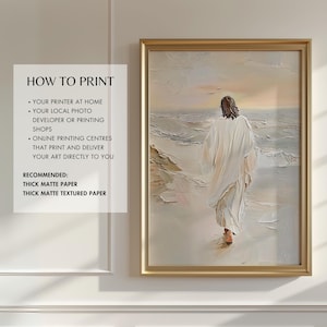 May include: Framed artwork depicting a figure in white robes walking on a beach towards the ocean. The painting has a textured, impressionistic style with a gold frame. Text on the left side reads "HOW TO PRINT" with printing recommendations.