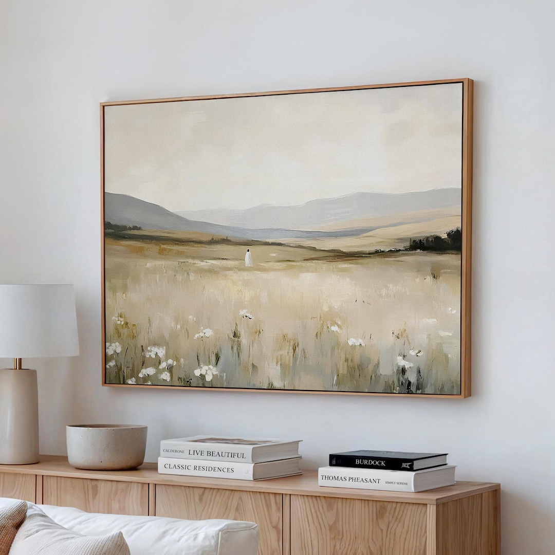 Jesus Leaves the 99 Framed Canvas Print - Lost Sheep Artwork, Christian Wall Art, Good Shepherd Oil Painting, Jesus art, Modern Minimalist - 76x101cm / 30x40”, Dark wood frame