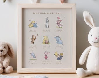Classic Winnie The Pooh Wall Art, Christian Nursery Decor, Kids Biblical Affirmations, Scripture Print, Kid's Room, Neutral Nursery - 110