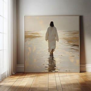 Gesù Cristo che cammina sull'acqua, arte cristiana, ritratto di Gesù, camminerò con Cristo LDS, dipinto a olio di Gesù, arte murale con versi della Bibbia -16