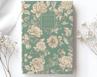 May include: A teal blue journal with a floral pattern in cream and brown. The text "Eliza Johnson Church Sermons" is printed on the front cover.