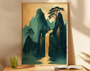 Hokusai Ukiyo-e Japanese Waterfall Framed Poster Wall Art Landscape Poster Print Green Gold Home Decor Printable Asian Poster Print - 19