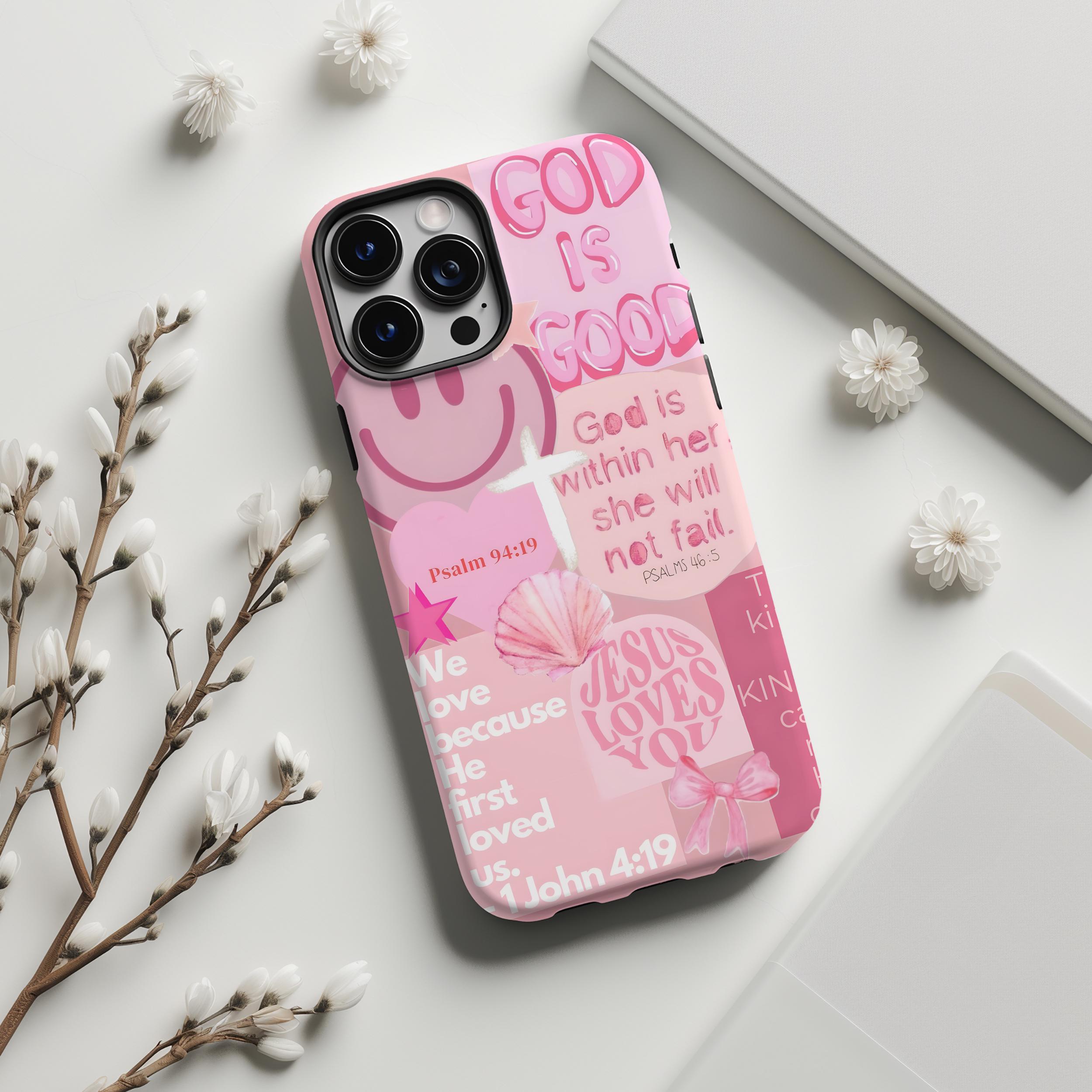 Pink Christian Collage Phone Case: Coquette Bible Verse, Tough Case, image size:2500x2500