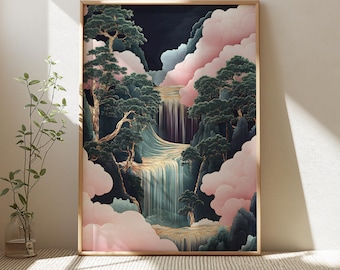 Hokusai Ukiyo-e Waterfall Print, Japanese Landscape Art (Digital Download)