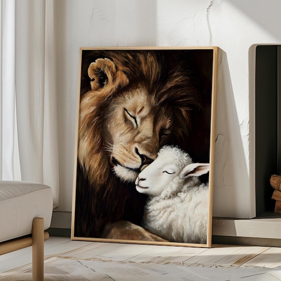 Tableau Jésus Christ Le Lion Et L'agneau - Impression Sur Toile Tendue - Encadré Bois - Art Mural Chrétien