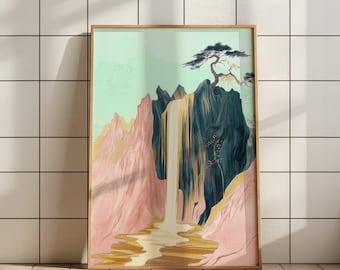 Könnte beinhalten: Ein gerahmter Druck eines Aquarells, das einen Wasserfall darstellt, der einen Berghang hinunterstürzt. Der Berg ist in einem sanften Rosa mit goldenen Akzenten gehalten, und der Wasserfall ist strahlend weiß mit goldenen Highlights. Ein kleiner Baum mit grünen Blättern ist im oberen rechten Eck des Gemäldes vor dem Himmel silhouettiert.