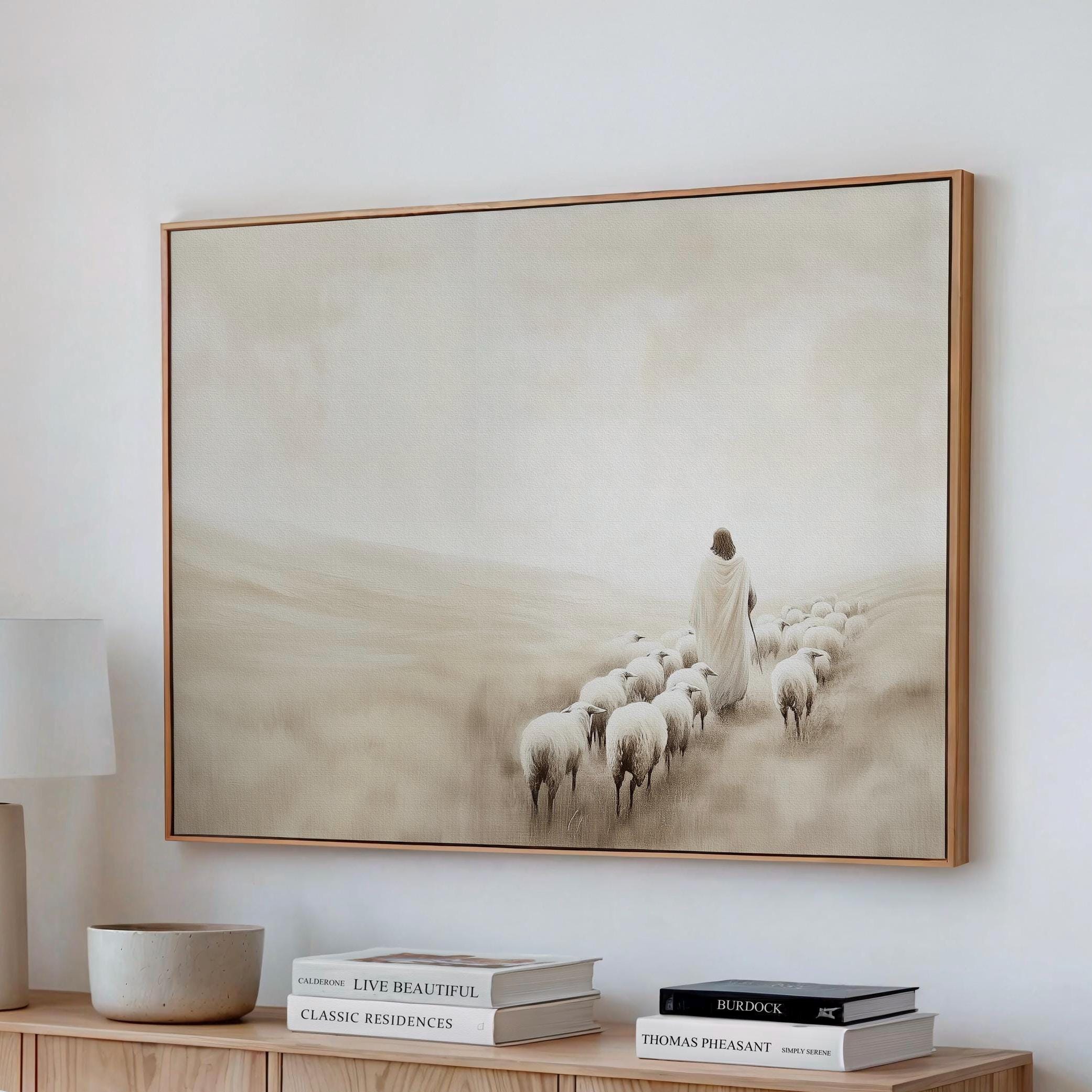 Jesus Leaves the 99 Lost Sheep Framed Canvas Good Shepherd Art Oil Painting Jesus Artwork Christian Poster LDS Artwork Christian Wall Art 84