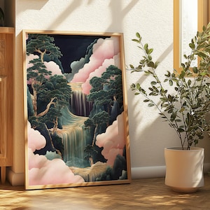 Hokusai Ukiyo-e, art mural japonais en cascade, paysage, impression d'affiches, bleu vert rose, décoration d'intérieur japonaise, affiche imprimable, affiche d'art