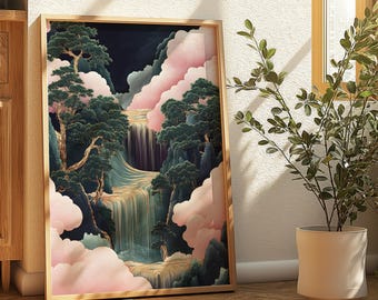 May include: A framed print of a waterfall cascading through a lush forest with pink clouds in the background. The artwork features a Japanese-inspired style with detailed brushstrokes and vibrant colors.