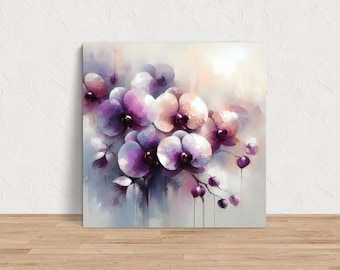 Impresión de orquídea púrpura polvorienta sobre lienzo, arte de pared botánico divino