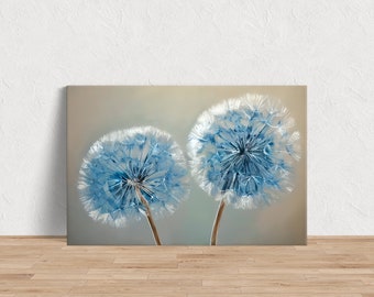 BLESSED Dandelion Seeds Print, PURE Blue Wall Art CANVAS Decor, Botanical Artwork Creations