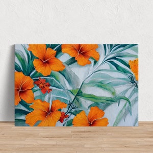 EXOTIC Hibiscus Wall Art CANVAS Print, Original Orange Tropical Flower Painting, Ready to Hang Home Decor