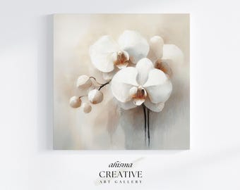 Impresión de flor botánica de orquídea blanca sobre lienzo, arte de pared, elegante decoración del hogar