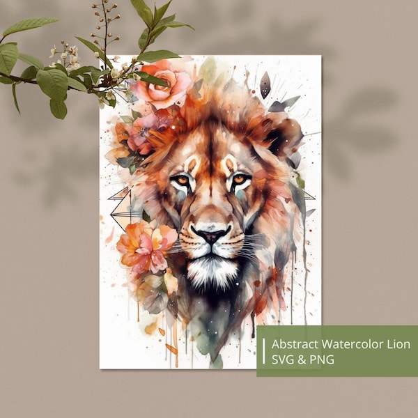Set of 2 Watercolor Geometric Lion Head Digital Download, PNG, SVG Files, Digital Prints, Wall Art, Animal Wall Art, Abstract Art