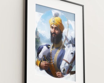 Guru Gobind Singh Art | Sikh Warrior Horse Portrait | Neela Ghora Oil Painting | Khalsa Heritage Wall Decor | Punjab Print
