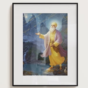 Może przedstawiać: Ramowany obraz przedstawiający postać religijną z białą brodą i turbanem, stojącą z wyciągniętą ręką w górzystym krajobrazie z wodospadem i jeziorem. Postać ma na sobie fioletową szatę i żółte ubranie.