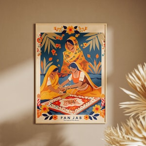 Peut inclure: Une illustration colorée de trois femmes en vêtements traditionnels indiens assises sur un tapis à motifs. Les femmes préparent un plat indien traditionnel. L'illustration est entourée d'une bordure florale et le texte "PANJAB The Land of Five Rivers" est en bas.