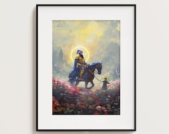 May include: Framed art print depicting a figure on horseback, surrounded by a field of flowers. The rider wears blue and gold attire, with a golden halo. A child stands nearby. The artwork has a soft, painterly style with a warm color palette.