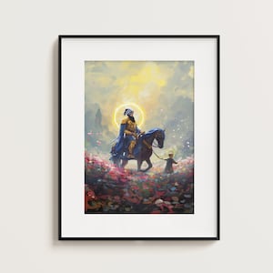Puede incluir: Impresión artística enmarcada que representa una figura a caballo en un campo de flores. El jinete viste ropas azules y doradas, con un halo dorado. Un niño está cerca. La obra de arte tiene un estilo suave y pictórico con una paleta de colores cálidos.