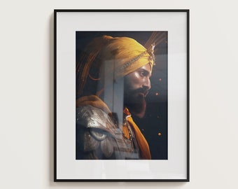 Arte de Guru Gobind Singh / Retrato de guerrero sij / Pintura al óleo del décimo gurú / Decoración de pared Khalsa Heritage / Impresión histórica / Descarga digital