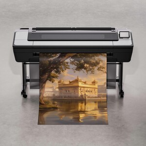 May include: A large format printer with a silver and black design is printing a landscape image of a golden building with a reflection in a body of water.