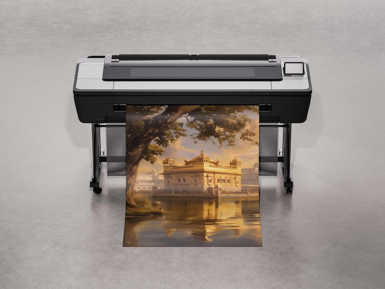 May include: A large format printer with a silver and black design is printing a landscape image of a golden building with a reflection in a body of water.