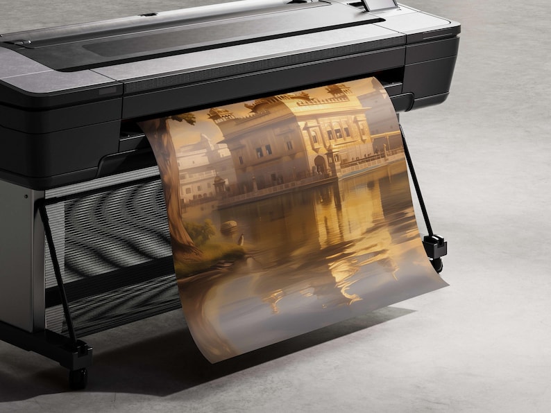 May include: A large format printer with a roll of paper feeding through it. The paper has a printed image of a building reflected in water.