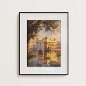 May include: A framed painting of a golden building with a reflection in the water. The building is surrounded by trees and a blue sky.