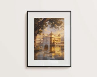 May include: A framed painting of a golden building with a reflection in the water. The building is surrounded by trees and a blue sky.