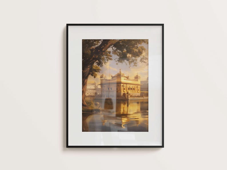 May include: A framed painting of a golden building with a reflection in the water. The building is surrounded by trees and a blue sky.
