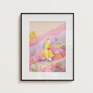 May include: Framed art print featuring a figure in a yellow robe walking along a path through a colorful landscape. The artwork has a soft, watercolor style with pink, yellow, and green hues. The figure carries a walking stick and a musical instrument.