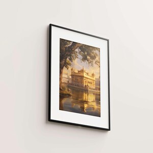 May include: A framed print of a golden building with a reflection in the water. The building is surrounded by trees and the sky is a light blue.