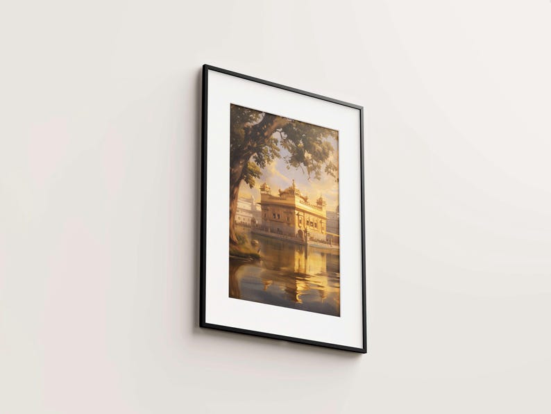 May include: A framed print of a golden building with a reflection in the water. The building is surrounded by trees and the sky is a light blue.