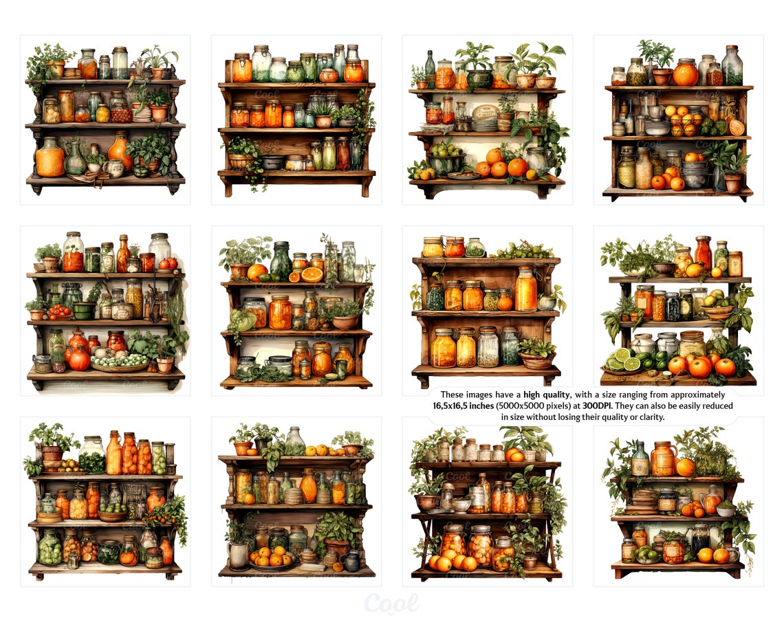 Vintage Kitchen Shelves Clipart Bundle, 20 Digital JPG, Wall Mounted