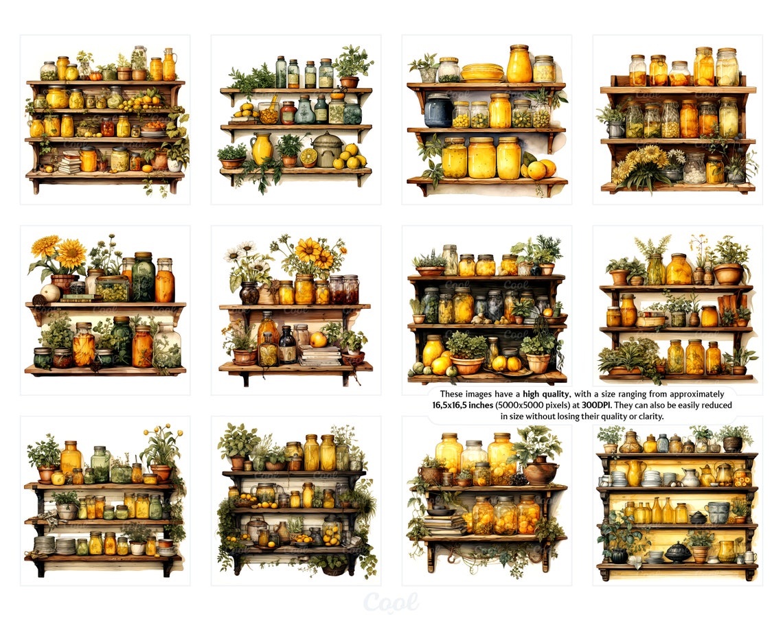 Vintage Kitchen Shelves Clipart Bundle, 20 Digital JPG, Retro Storage