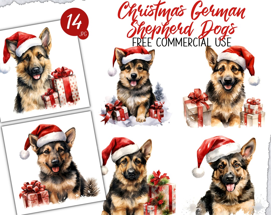 Christmas German Shepherd Dogs Clipart Bundle, 14 Digital JPG, Adorable ...