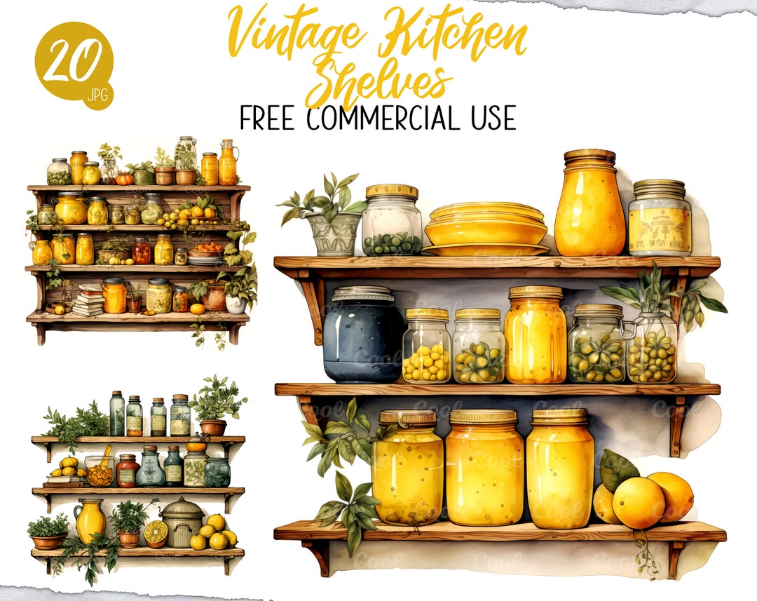 Vintage Kitchen Shelves Clipart Bundle, 20 Digital JPG, Retro Storage