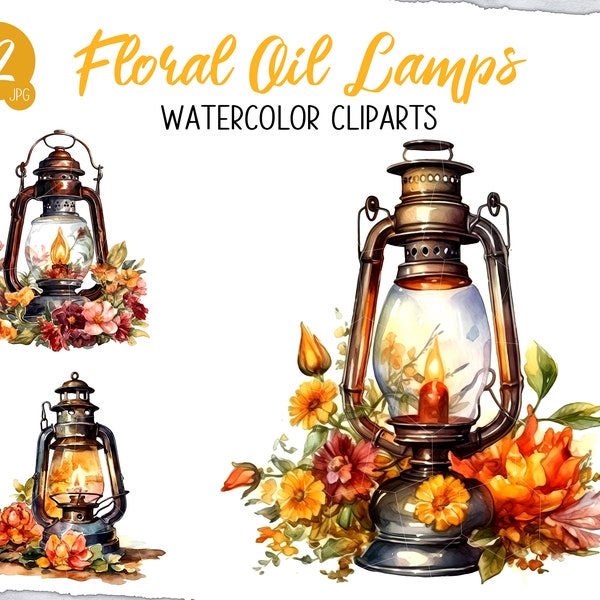 Watercolor Floral Oil Lamp Clipart Bundle, Vintage Home Decor JPG, Rustic Charm Lamp, Country Cottage Vibe, Antique Lantern, Rustic Lighting