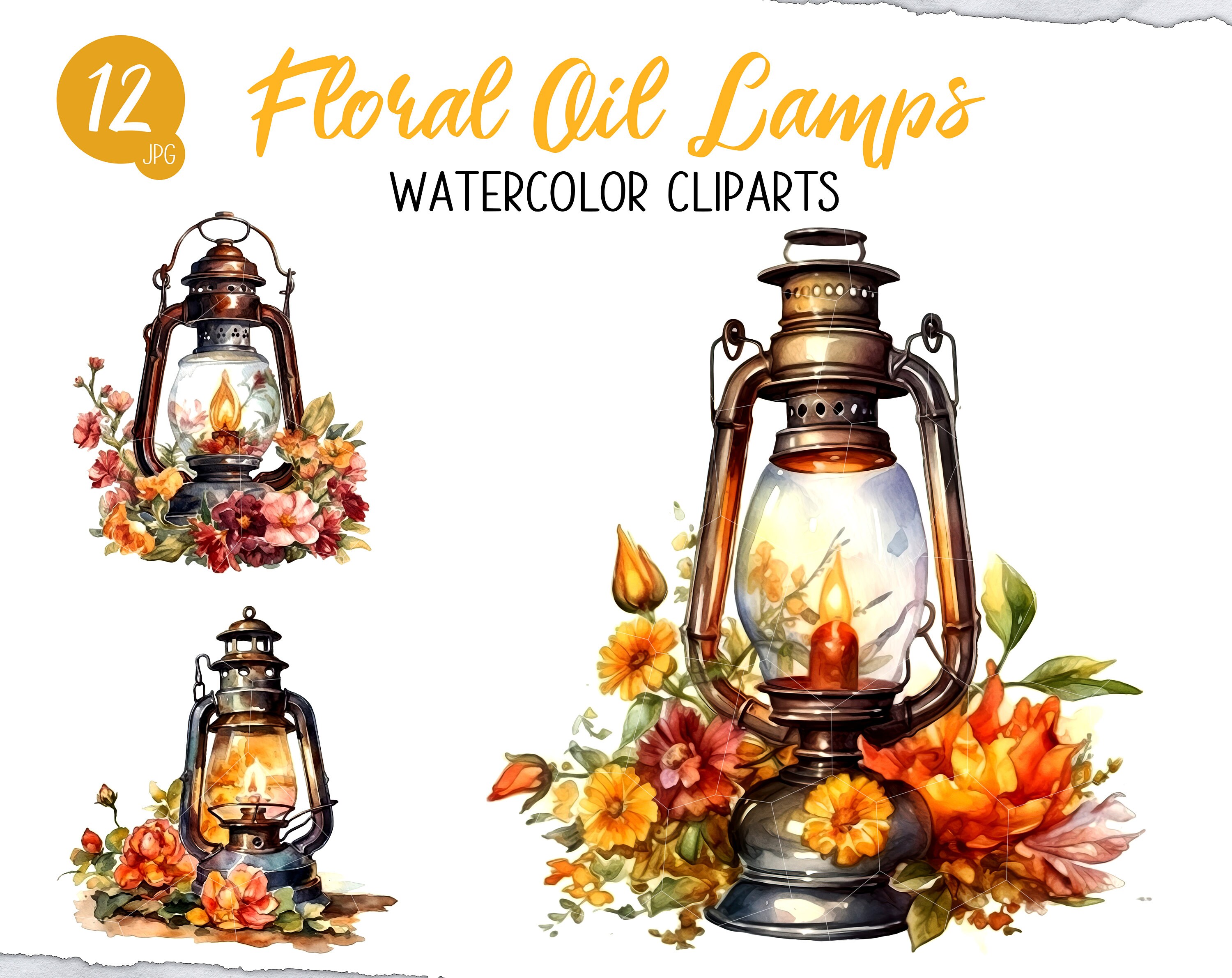 Watercolor Floral Oil Lamp Clipart Bundle, Vintage Home Decor JPG