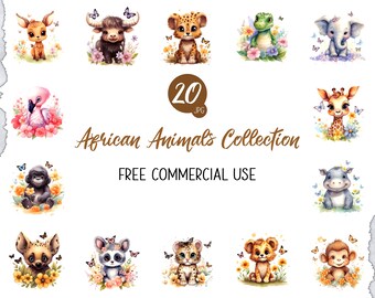 African Animal Collection Clipart Bundle, 20 Digital JPG, Safari Fauna Art, African Mammal, Savannah Wildlife, African Species, Wild