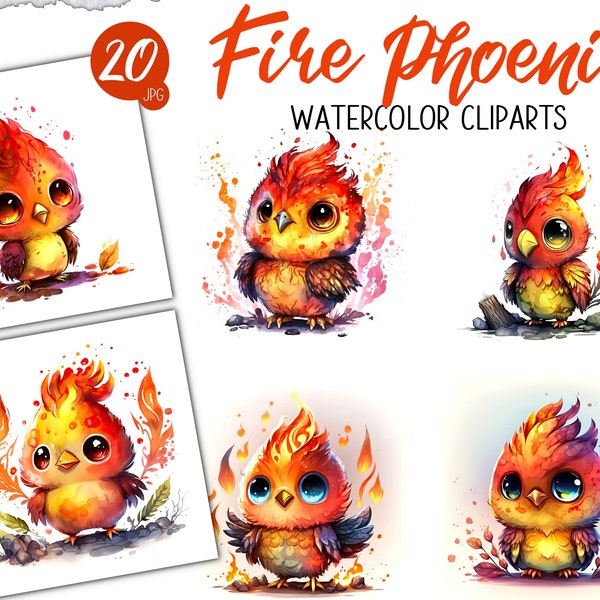 Watercolor Fire Phoenix Clipart Bundle, Fiery Bird Print JPG, Phoenix Artwork, Flame Feathered Art, Mythical Creature Paint, Fire Bird Decor