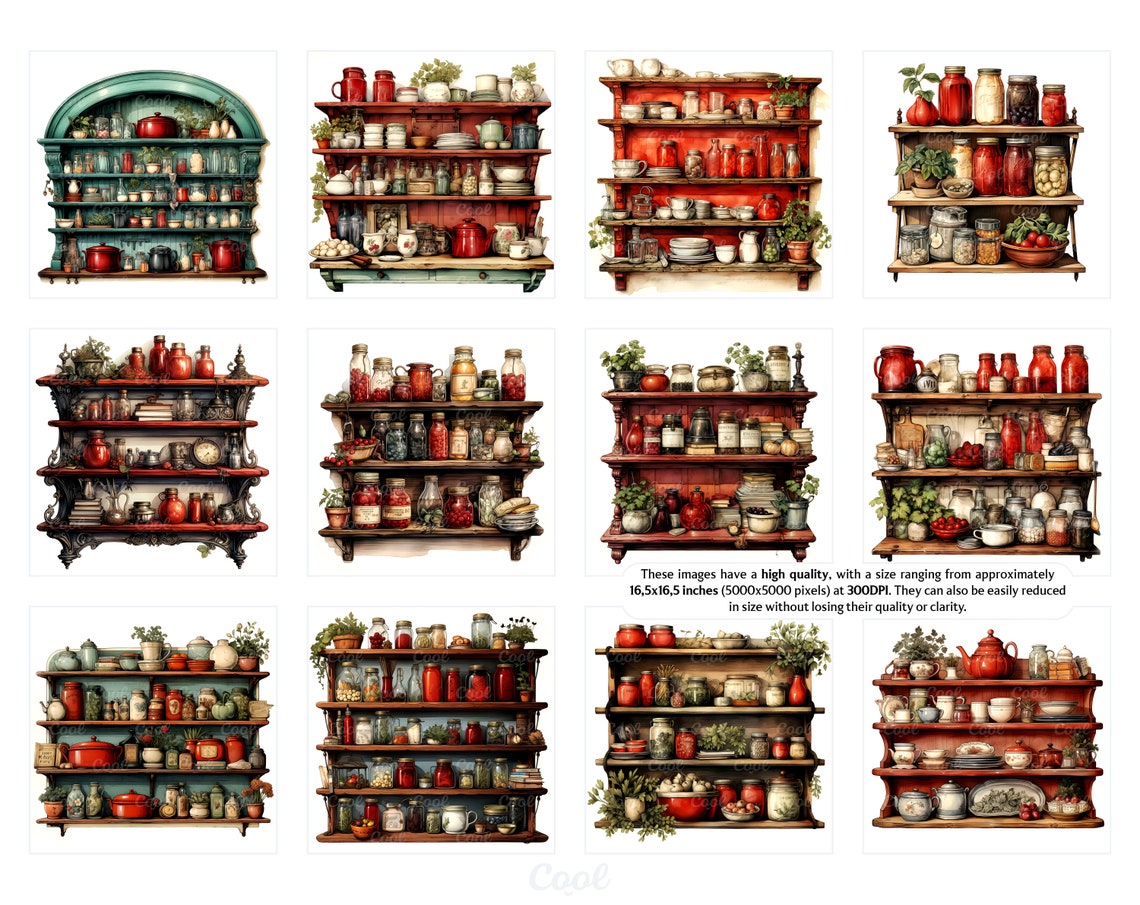 Vintage Kitchen Shelves Clipart Bundle 20 Digital JPG Etsy