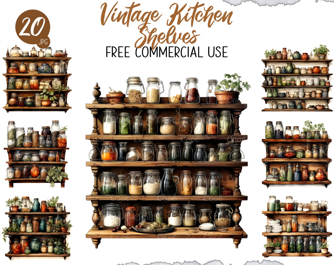 Vintage Kitchen Shelves Clipart Bundle 20 Digital JPG Rustic Etsy