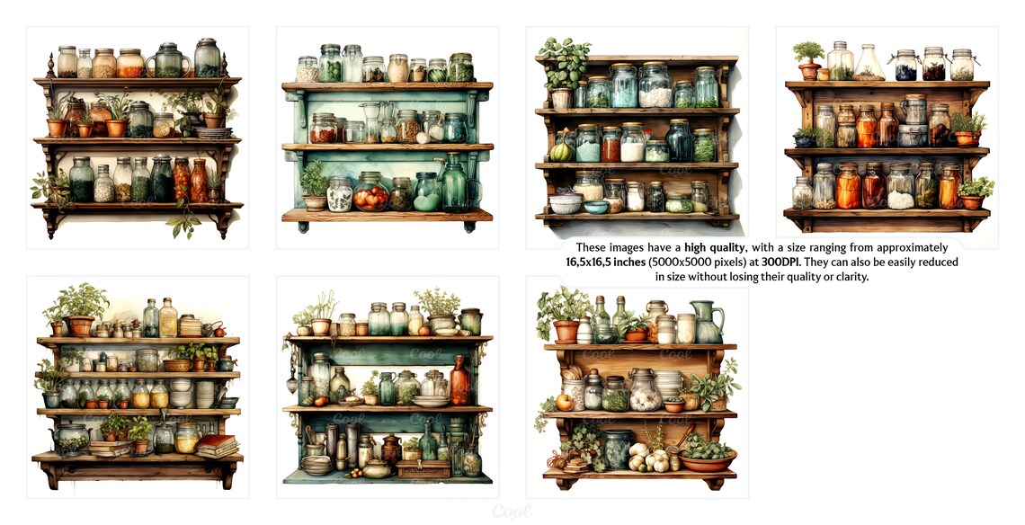 Vintage Kitchen Shelves Clipart Bundle, 19 Digital JPG, Antique Storage