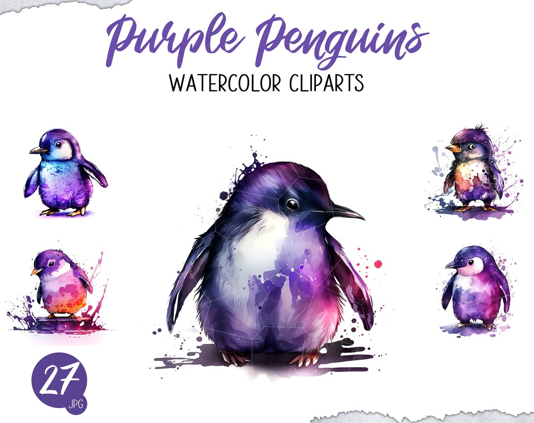 Watercolor Purple Penguin Clipart Bundle Baby Animal Art JPG - Etsy