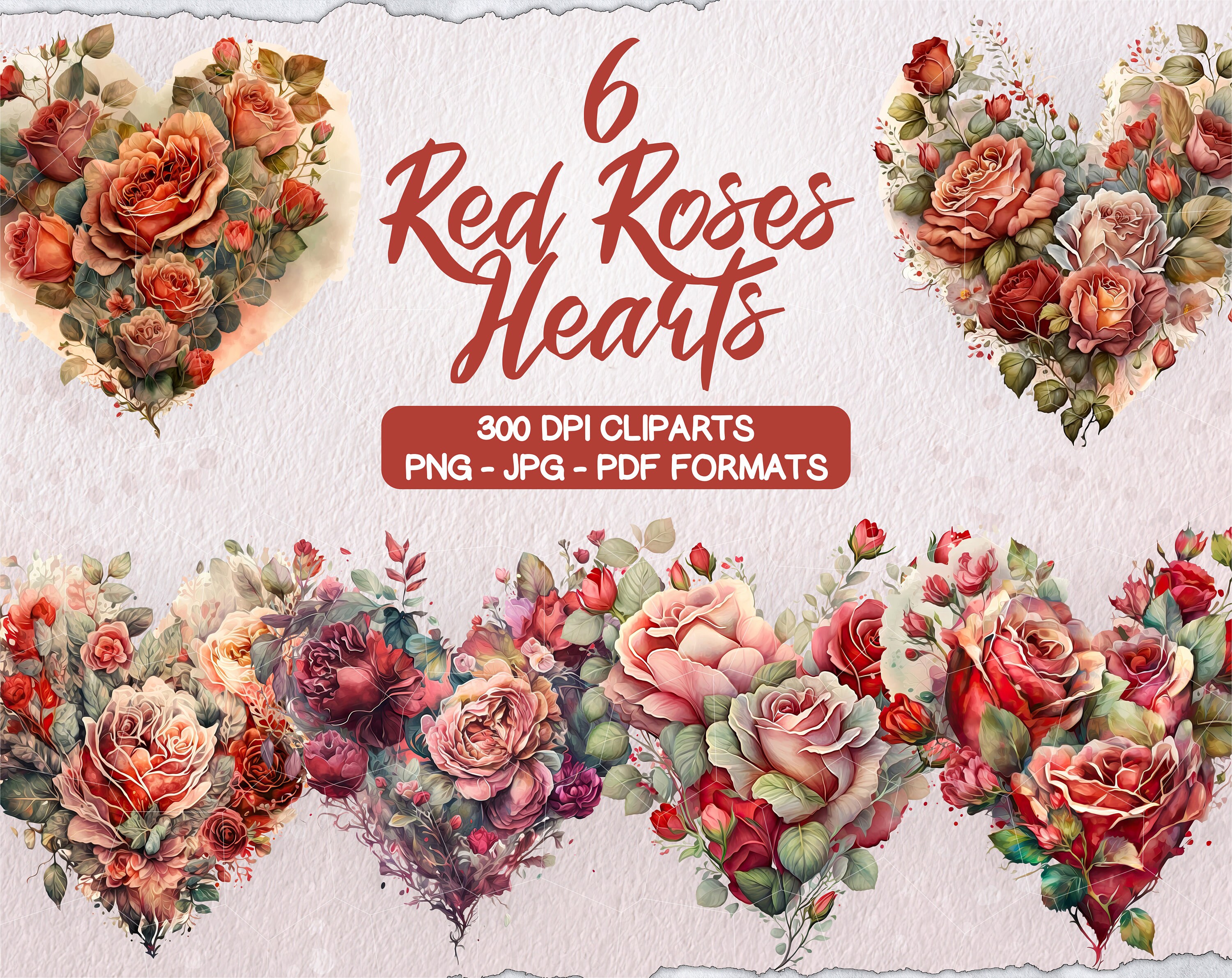 Watercolor Red Rose Heart Clipart Bundle, Romantic Painting PNG ...