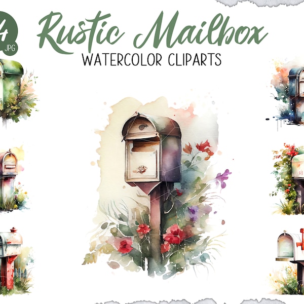 Watercolor Rustic Mailbox Clipart Bundle, Vintage Mailbox Art JPG, Floral Mailbox Design, Antique Postbox, Farmhouse Style, Rural Landscape