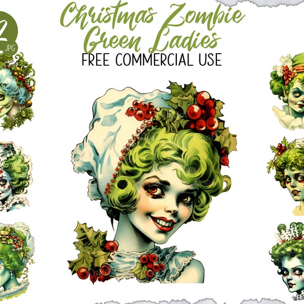 Christmas Zombie Green Ladies Clipart Bundle, 12 Digital JPG, Undead Festive Design, Apocalypse Party, Hilarious Dead Art, Bloody Holiday