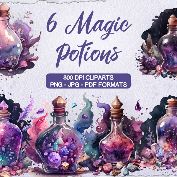 Watercolor Magic Potion Clipart Bundle, Potion Bottle Print PNG, Alchemy Art Decor, Enchanted Potion Art, Vintage Watercolor Sublimation